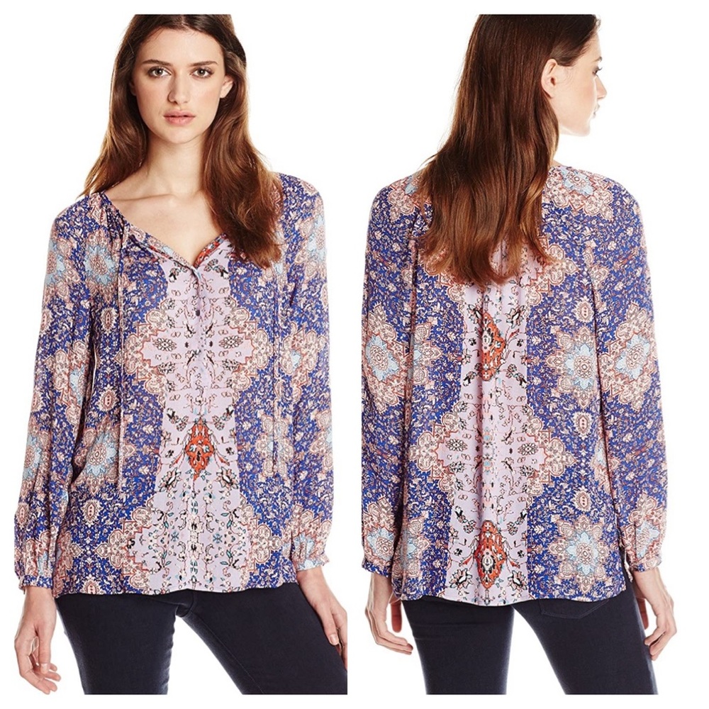 Lucky‎ Brand Tile Print Top XL Purple Pink Extra Large Blue Purple Tie Neck Boho